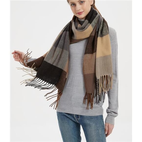 Womens Winter Scarf Large Shawl Plaid Grid Warm Soft Blanket Wrap Tassel Fashion - Picture 2 of 6